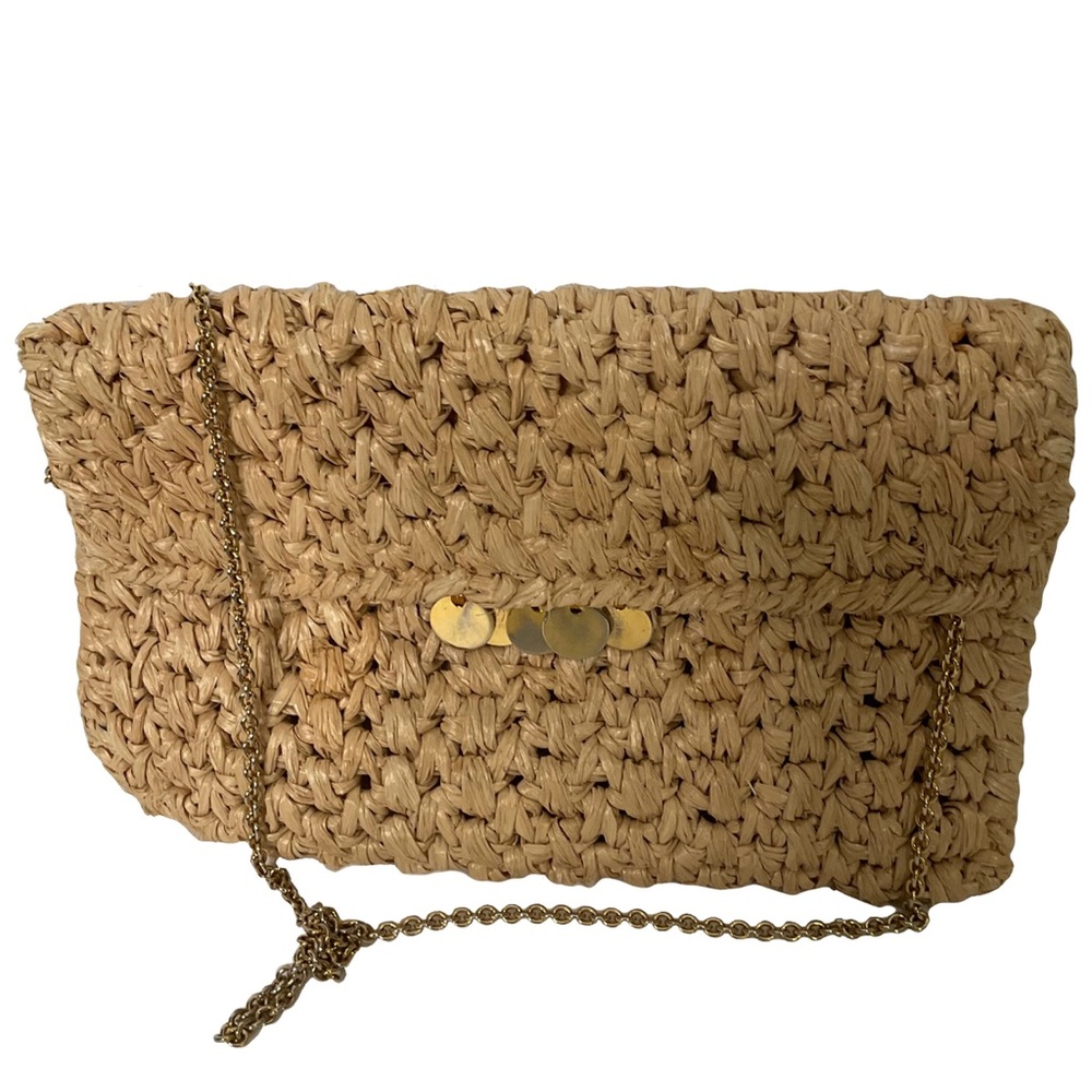 Rodo Vintage Straw Raffia Shoulder Clutch Bag; five gold gems; gold chain strap